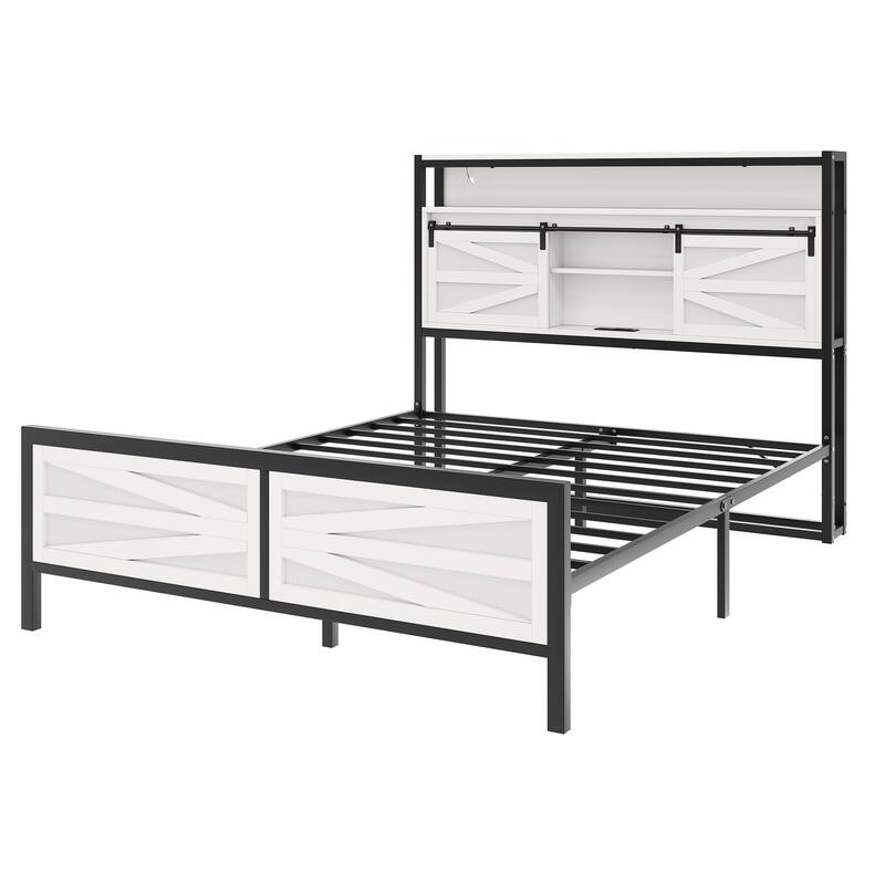 White Farmhouse Bed Frame with Sliding Barn Door Storage Cabinets