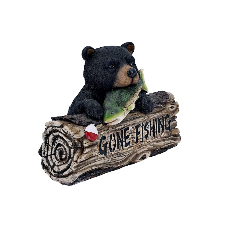 Bear with Gone Fishing Sign Outdoor Garden Statue - 12.25"