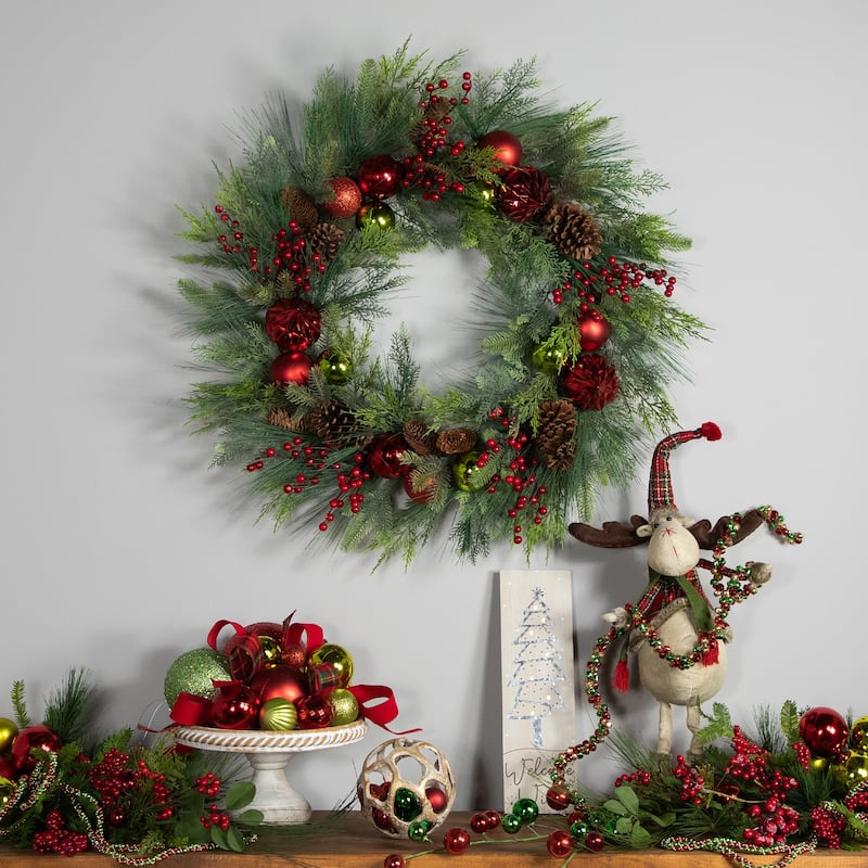 Berries Pinecones Ornaments Artificial Christmas Wreath 36" Unlit