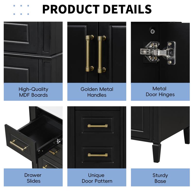 36" Freestanding Bathroom Vanity with Sink, Solid Pinewood & MDF Cabinet, 4 Drawers, 2 Doors, Gold Metal Handles