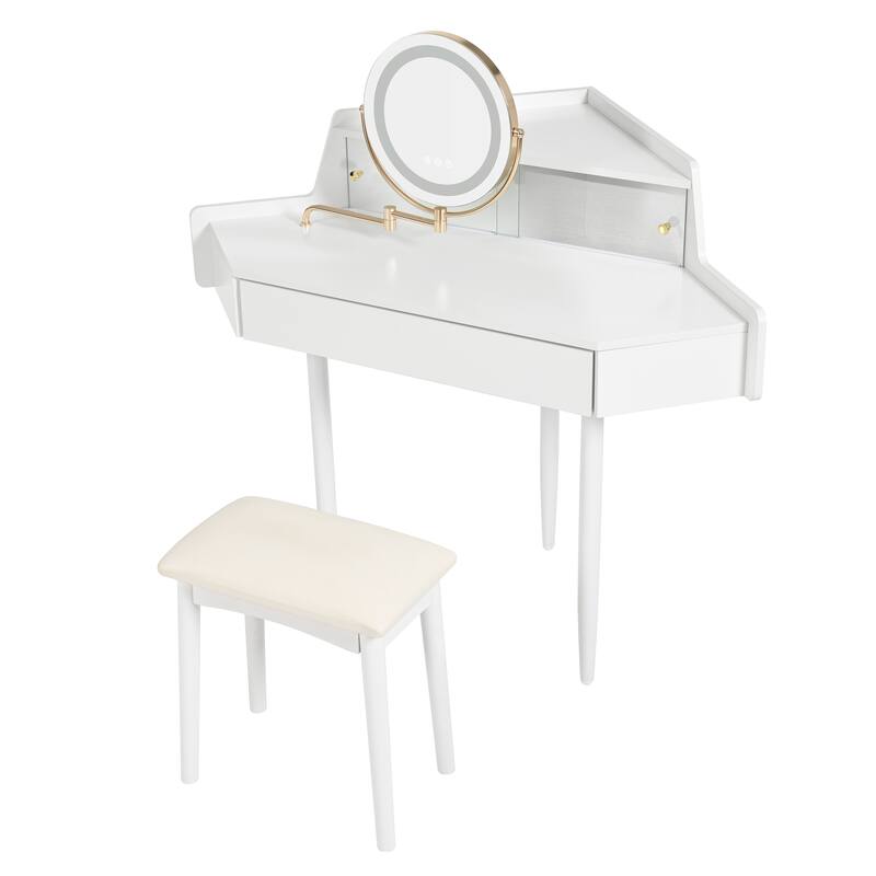 Bedroom Corner Makeup Vanity Desk with Makeup Stool & 360° Rotating LED Mirror, White