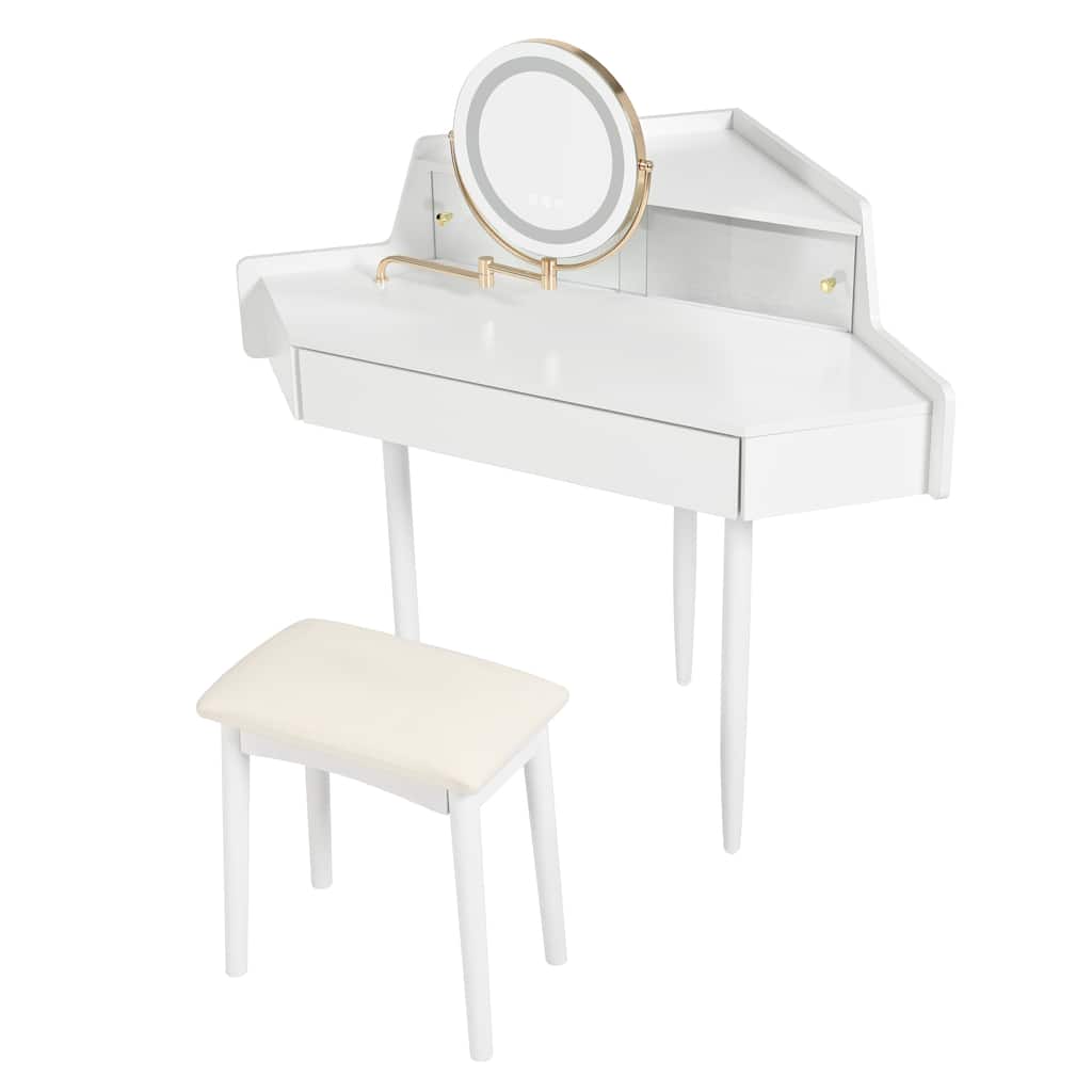Corner Vanity Desk with Mirror & Stool, Makeup Vanity Table with Drawer for Small Places, Wooden Dressing Table for