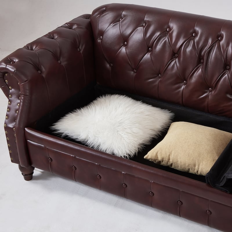 Chesterfield Sofa Classic Tufted Technical Leather Lounge Couch with Hidden Storage, Nailhead Trim and Pillows, for Living Room