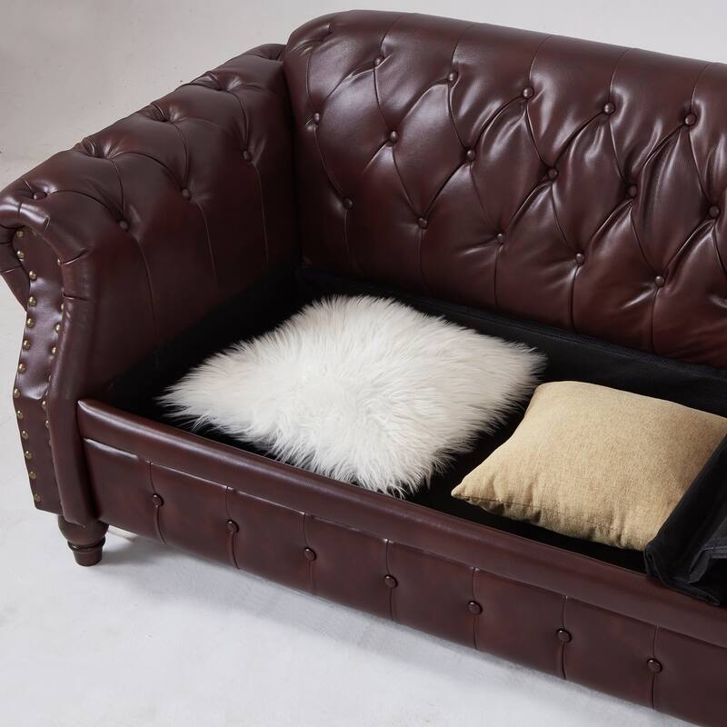 Faux Leather Chesterfield Sofa, Button Tufted 3 Seater Sofa with Storage, Upholstered Sofa with Nailhead Trim & 3 Pillows