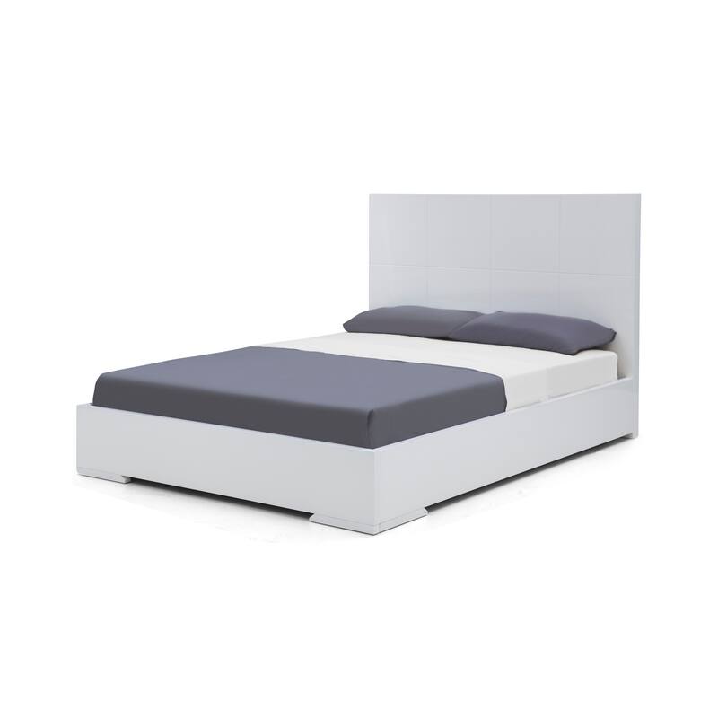 Queen Size Platform Bed - Modern Square Headboard, High Gloss White Finish - Adventure Bed