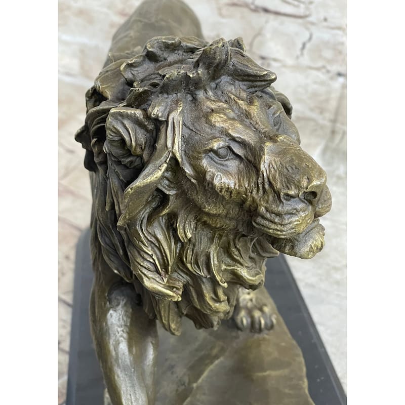 Lion Bronze Sculpture Statue Figure Handmade Art By Antoine Barye On Marble Base
