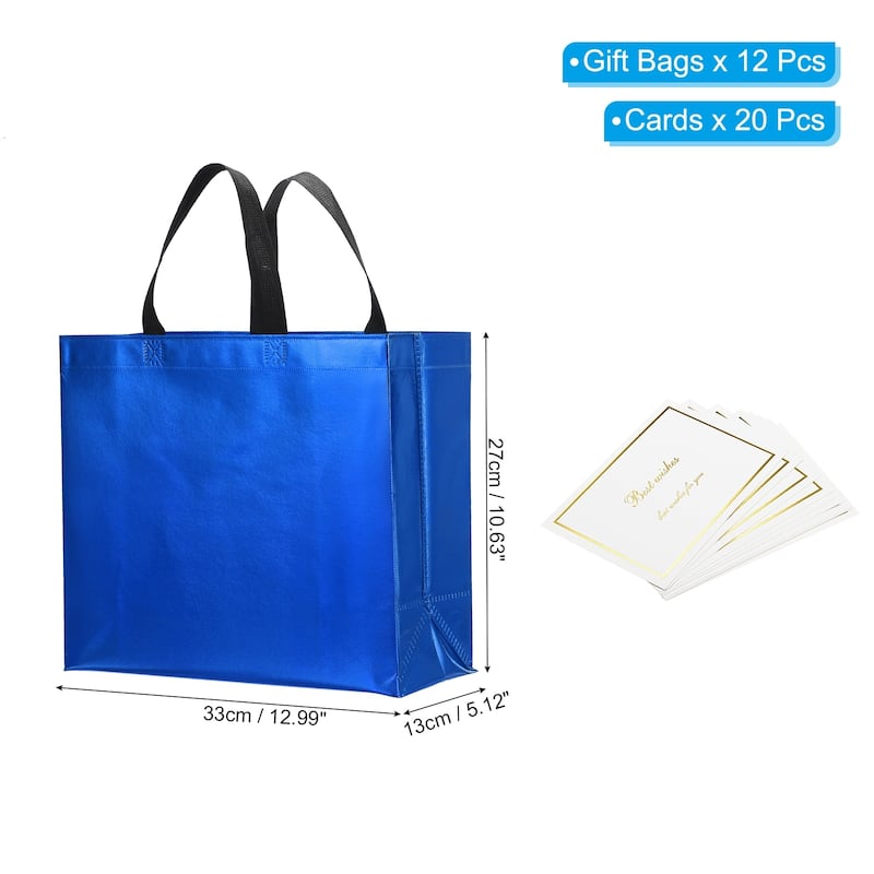 Gift Bags with Cards, 12 Set 13" Reusable Non-Woven Gift Goodie Bags - 13"x11"x5" - Light Blue