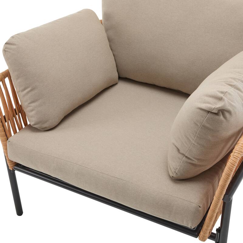Outdoor Rope Weave Lounge Chair, Modern Patio Accent Armchair with Metal Frame & Cushions for Backyard, Balcony, Living Room