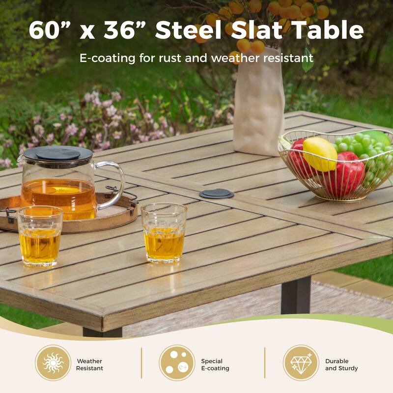 7 Pieces Patio Dining Set, 60 Inch Rectangular Metal Table and Rattan Dining Chairs