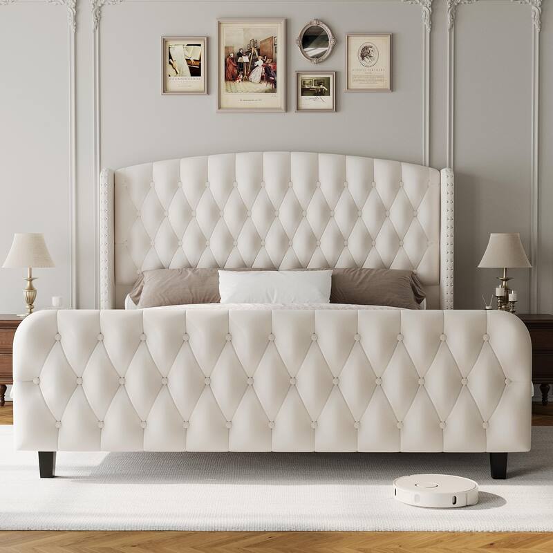 51" Tall Queen Size Bed Frame with Deep Button Tufted Wingback Headboard and Footboard