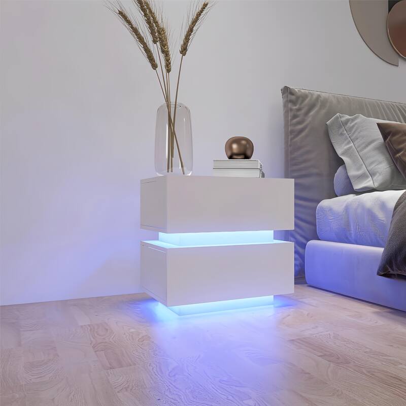 White Color High Glossy 2 Drawers Bedside Table with RGB Led Light Nightstand with Bluetooth Control
