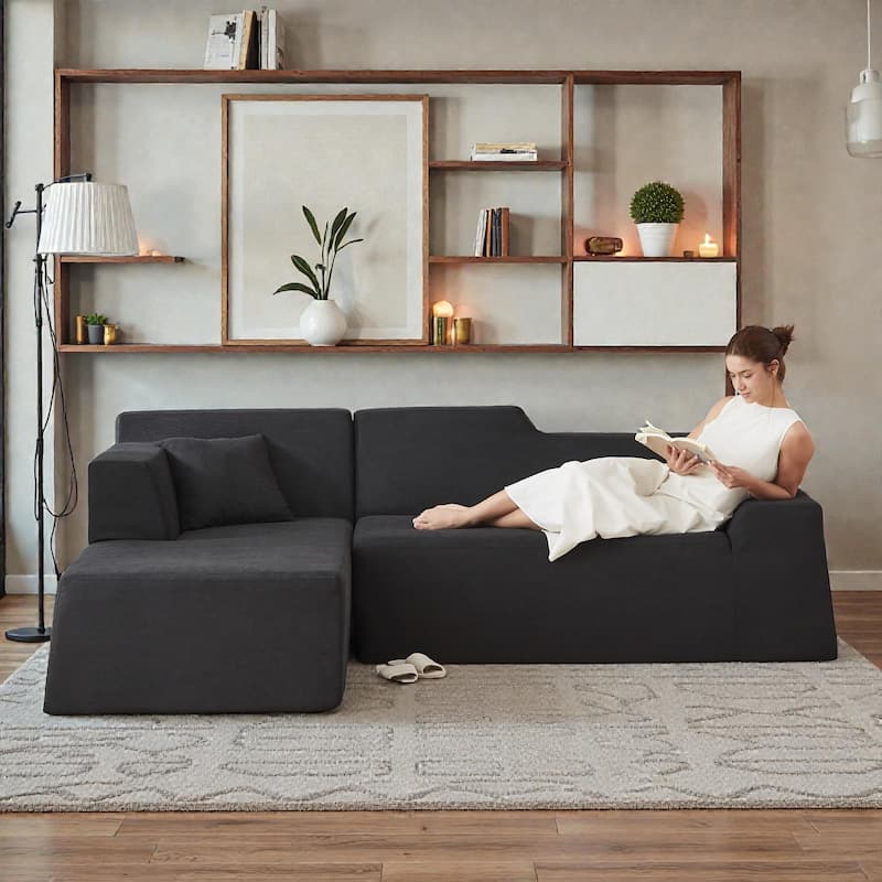 Modern Minimalist L Shaped Corduroy Sofa, High Back Sectional Couch for Living Room