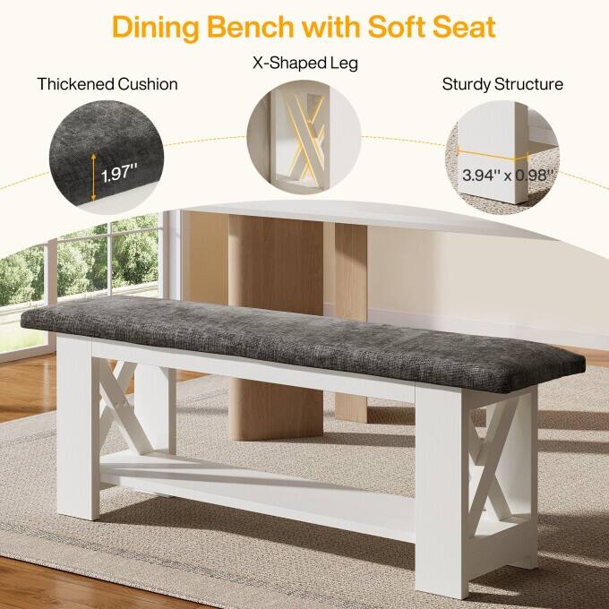 47.24" Farmhouse Dining Bench, Kitchen Table Bench with Cushion