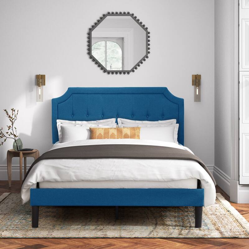 Javlergo Modern Upholstered Bed Frame with Height Adjustable Headboard, No Box Spring Needed - Blue - Queen