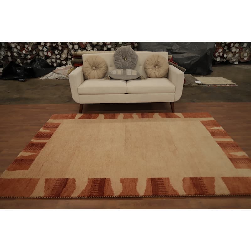 Hand Knotted Oriental 100% Wool Carpet Modern Bordered Brown Gabbeh Area Rug - 7' 9'' X 5' 7''