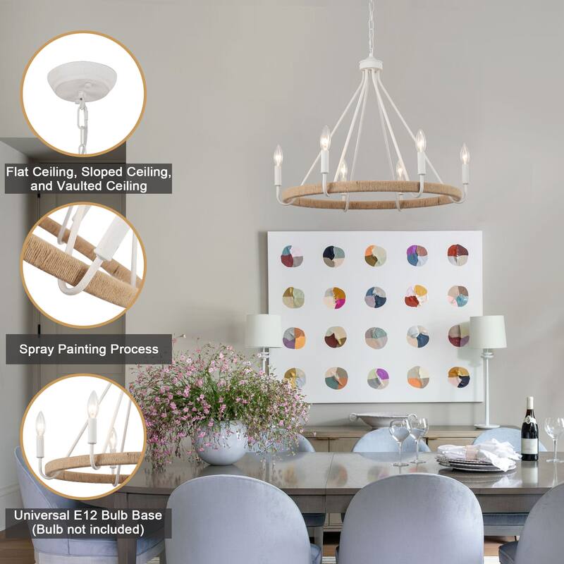 6-Light Candlestick Wagon Wheel Chandelier Hemp Rope Linear Chandelier Lighting Fixture for Kitchen Island