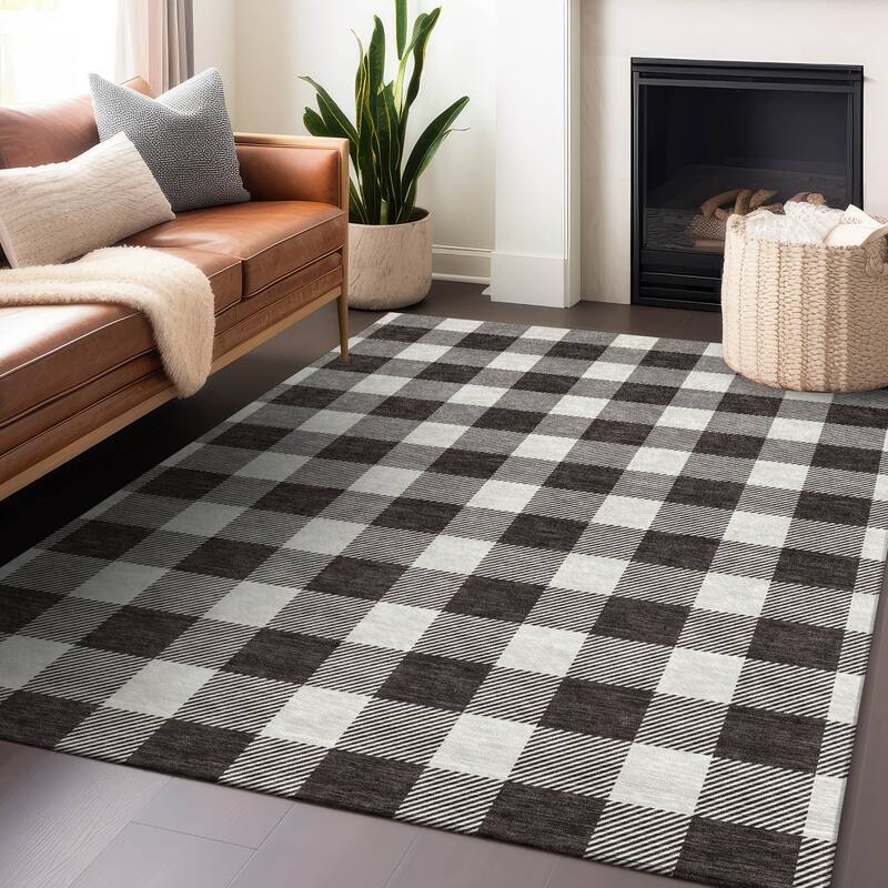 Machine Washable Indoor/ Outdoor Chantille Plaid Rug