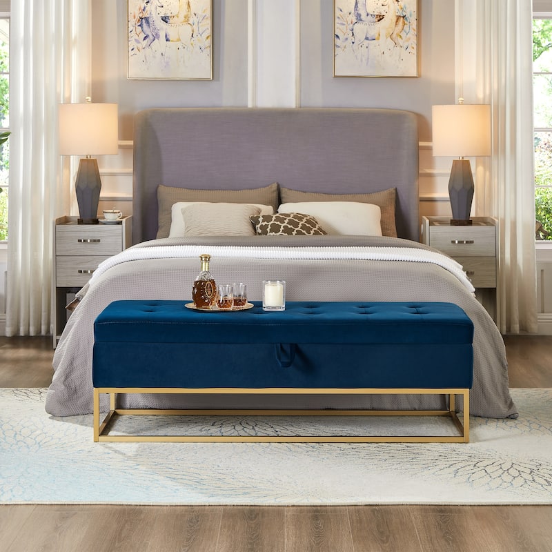 Roomfitters 58.6" Upholstered Bed Bench with Storage, Velvet Bedroom Bench with Metal Base