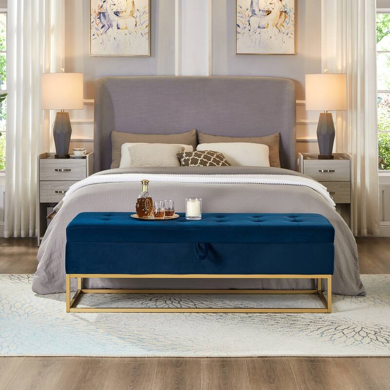 Velvet Upholstered Storage Seat Leisure Stool with Metal Frame, Exquisite End of Bed Corridor Stool with Button Tufting - Navy Blue