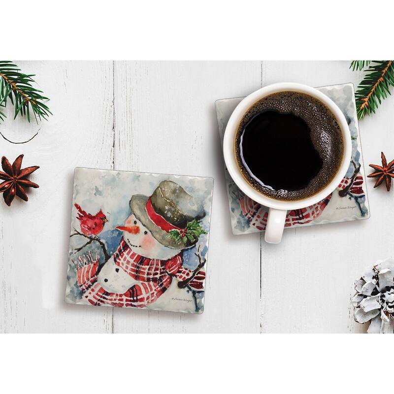 Counterart Absorbent Stone Coasters - Snowman Red Plaid - Set of 4 - 4x4x1.582