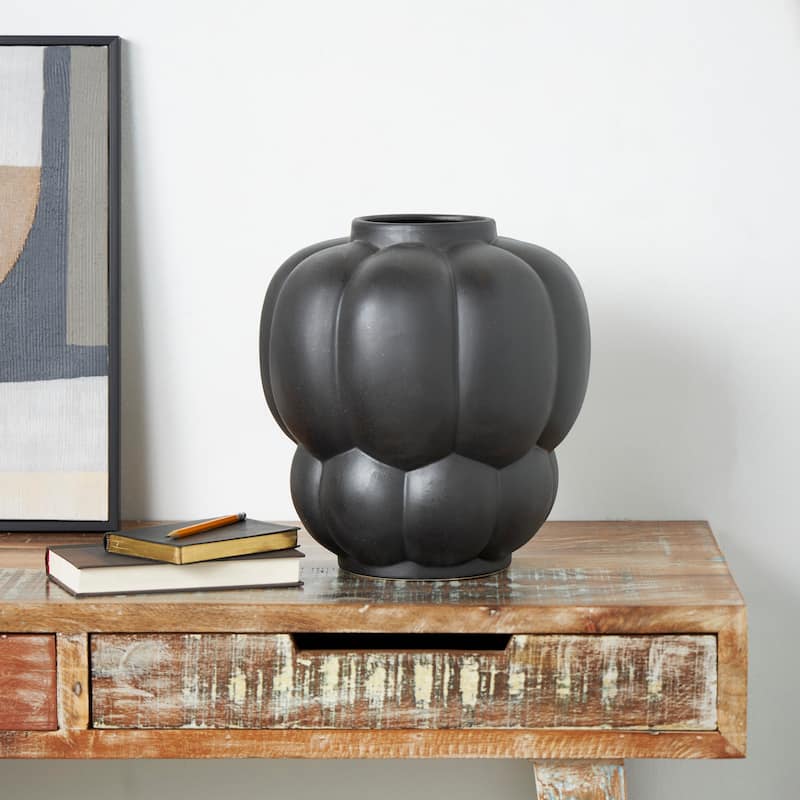 Black Ceramic Wide Bubble Inspired Vase with Distressed Speckled Texturing - Black - 12"W, 13"H
