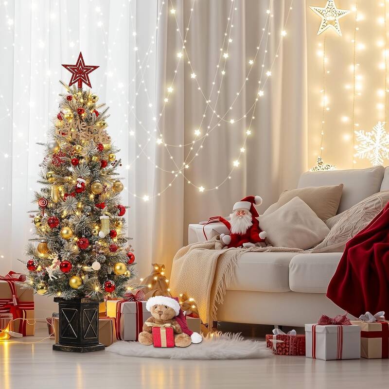 4.5 Ft Artificial Christmas Tree with 200 Warm White LED Lights and Red Berries Potted Base Holiday Xmas Tree