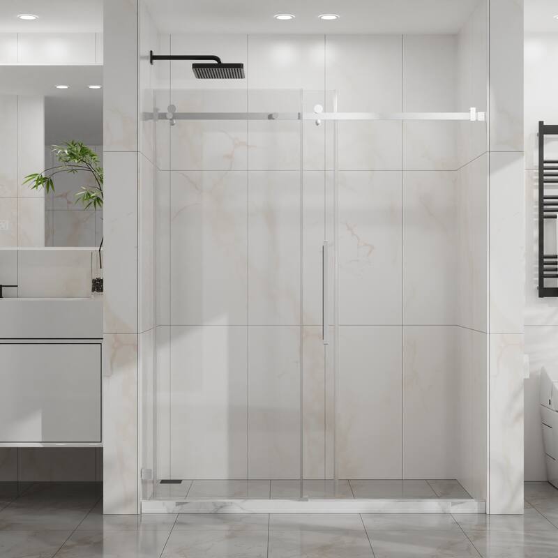 60" W x 72" H Sliding Shower Door, Frameless Sleek Glass Shower Door, 1/4" (6mm) Thick Tempered Clear Glass