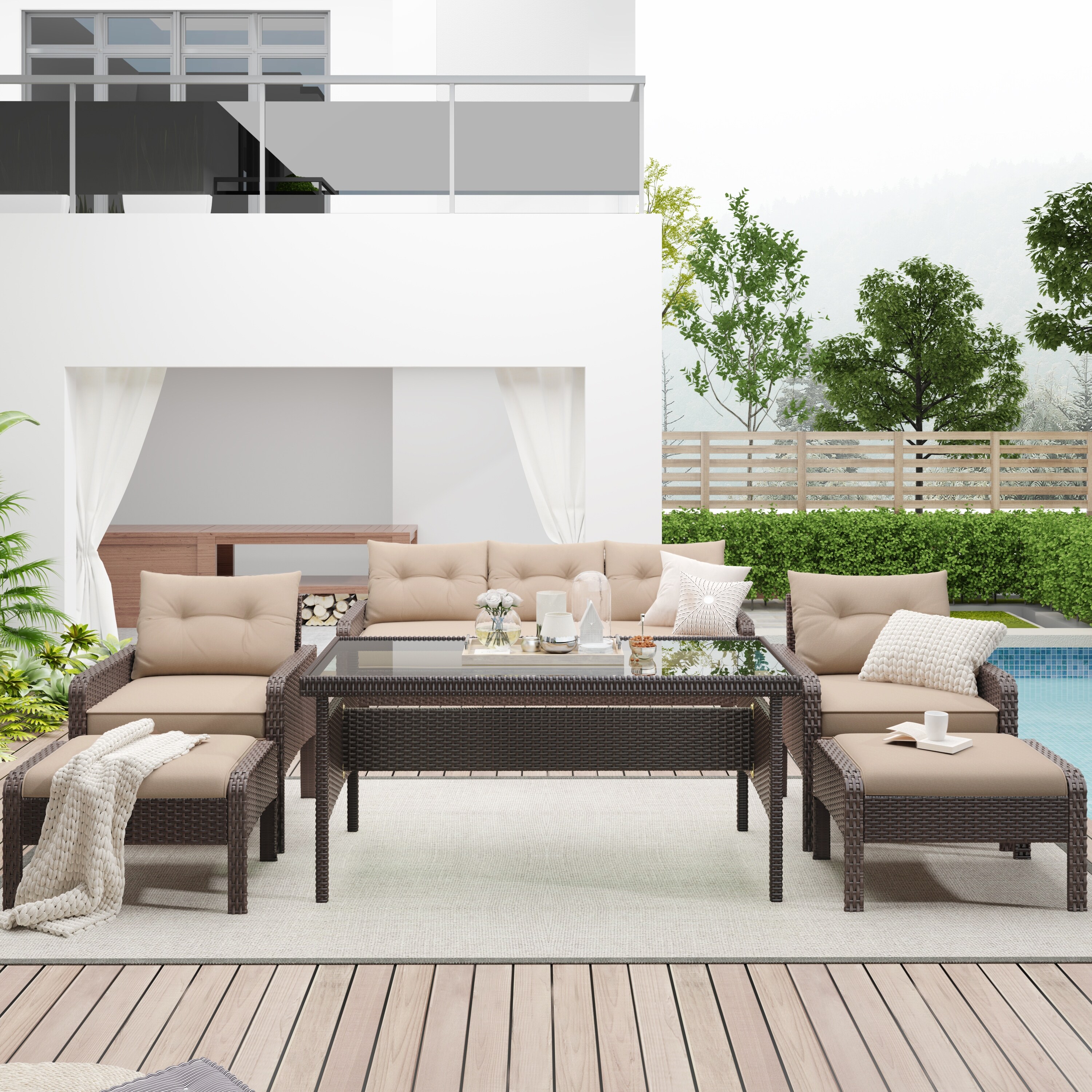 6Piece Outdoor PE Rattan Sofa Set Dining Table Set with Tempered Glass Tea Table Bed Bath