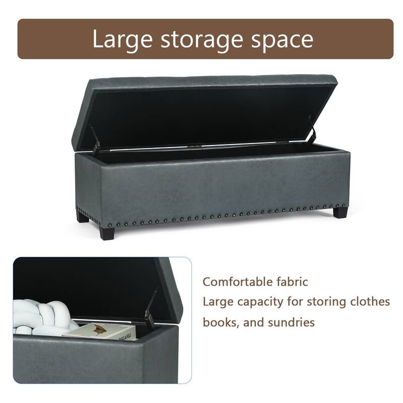 Adeco Storage Ottoman Faux Leather Button Tufted Bench Rectangle Footrest