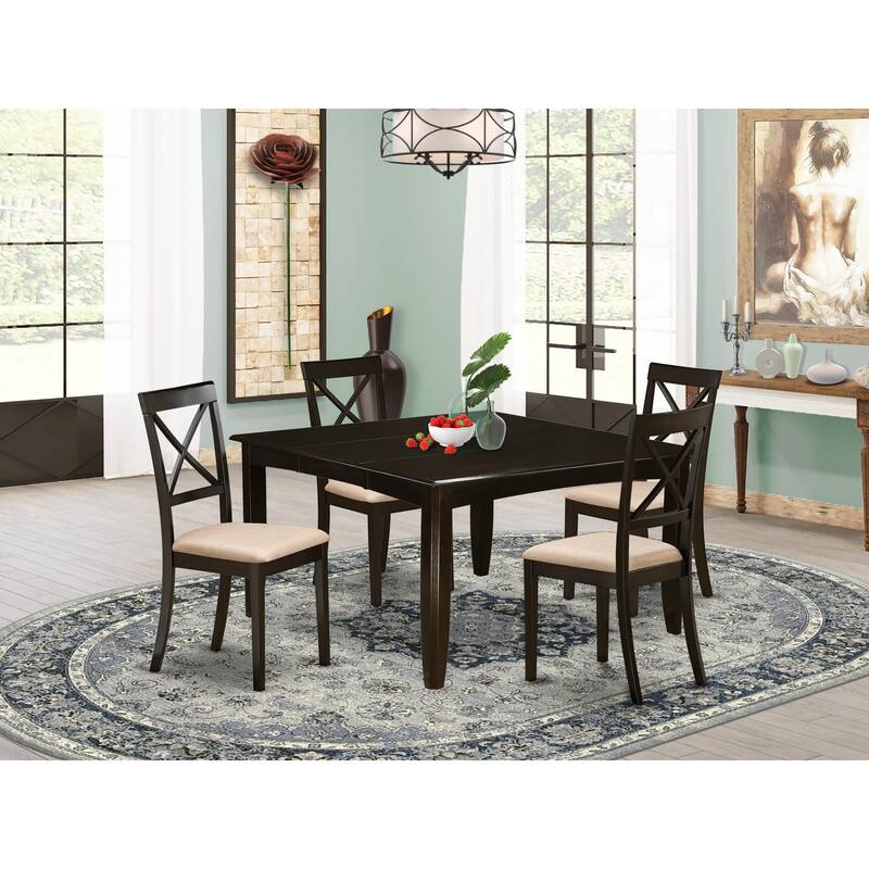 East West Furniture 7 Piece Dining Set Consist of a Square Dining Table and 6 Linen Fabric Chairs, Cappuccino(Pieces Option)
