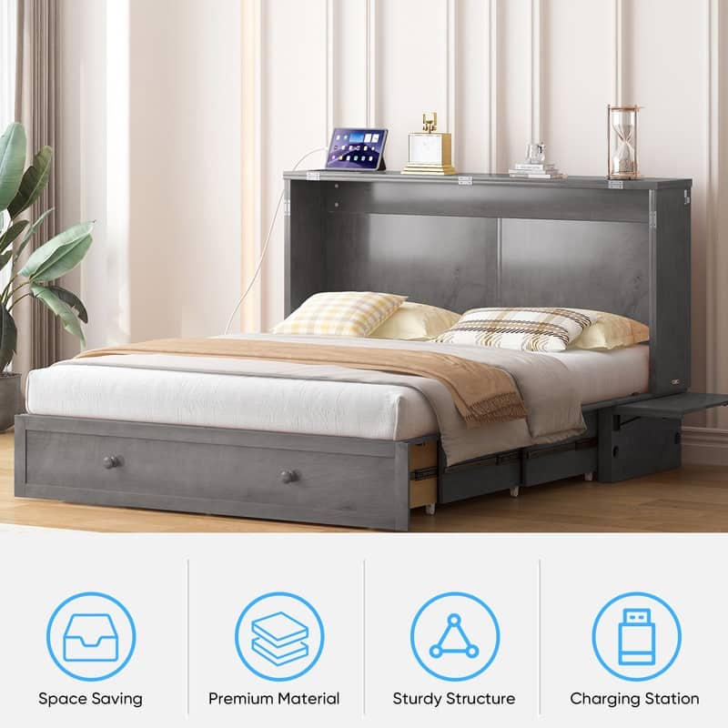 Mixoy Murphy Bed with Mattress,Cube Foldable Cabinet Bed with Charging Station