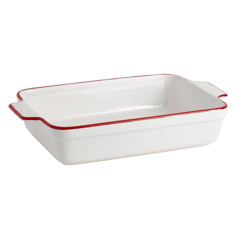 Denmark Tools for Cooks 14" x 8.75" Rect White Ceramic Baker w Red Rim