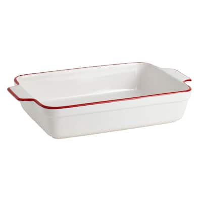 Denmark Tools for Cooks 14" x 8.75" Rect White Ceramic Baker w Red Rim