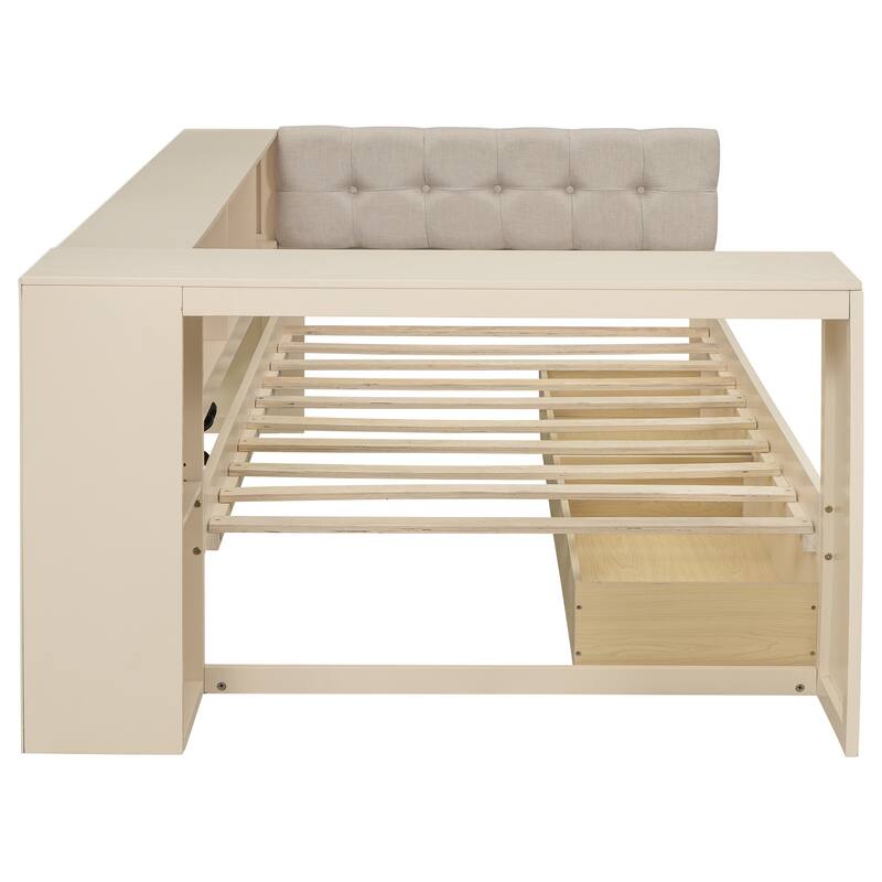 Twin Size Platform Bed with Storage, Drawers, Charging Station, and Upholstered Headboard in Cream