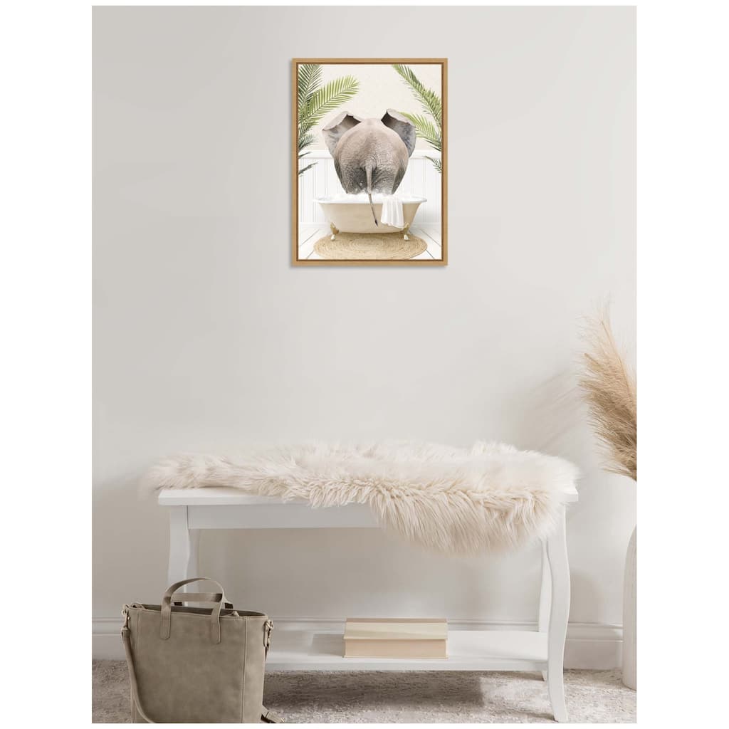 Kate and Laurel Sylvie Elephant Back in Palm Bathtub Framed Canvas by Amy Peterson