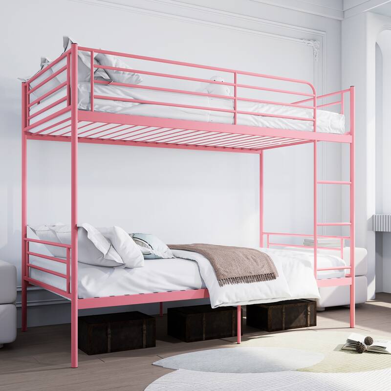 Bunk Bed with Ladder and high Guardrail, Able to Split, Metal Bunk Bed, Storage Space, Noise Free,Twin Over Twin Size - Pink