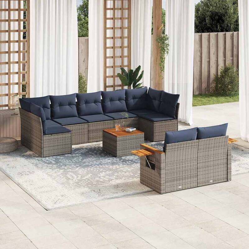 vidaXL 10 Piece Patio Sofa Set with Cushions Grey Poly Rattan (US only) - 113.8x33.5x66.9