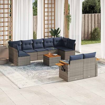 vidaXL 10 Piece Patio Sofa Set with Cushions Grey Poly Rattan (US only) - 113.8x33.5x66.9