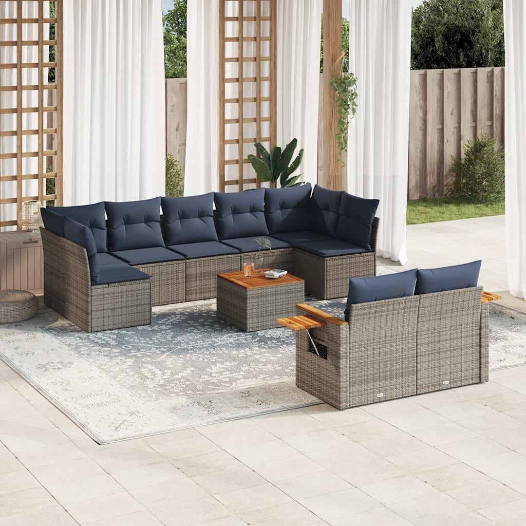 vidaXL 10 Piece Patio Sofa Set with Cushions Grey Poly Rattan (US only) - 113.8x33.5x66.9