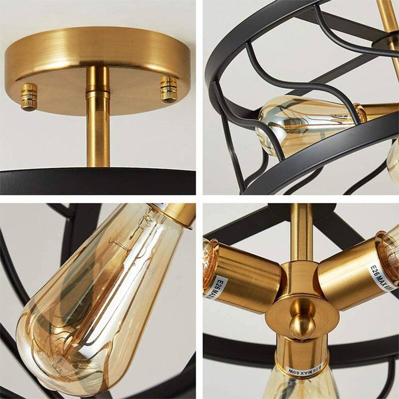 YANSUN 16.5 in. 3-Light Black and Gold Drum Metal Semi-recessed Ceiling light Modern Mininalit Semi-Flush Mount t for kKitchen