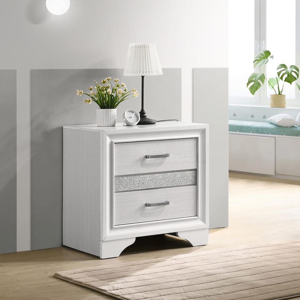White 2-Drawer Nightstand with Hidden Jewelry Tray and Rhinestone Pull Handles