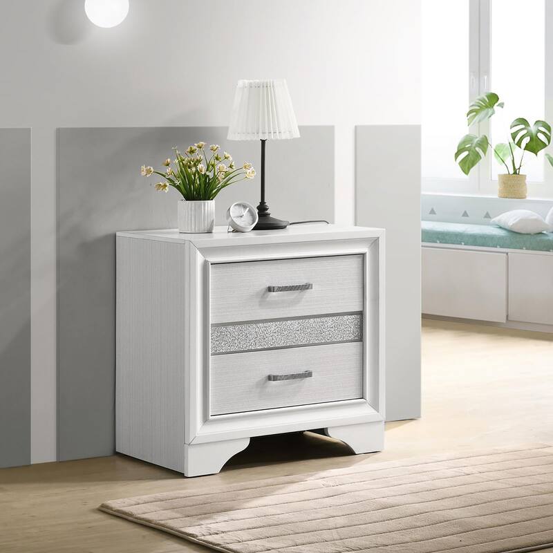 White 2-Drawer Nightstand with Hidden Jewelry Tray and Rhinestone Pull Handles - White