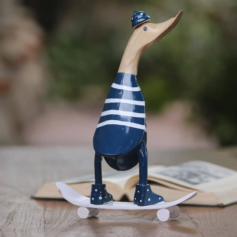 NOVICA Handmade Skateboard Duck Wood And Bamboo Root Sculpture (Indonesia) - 10.25" H x 7.75" W x 3.9" D