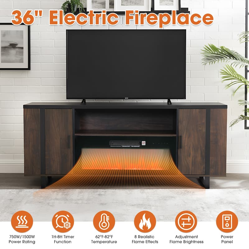 72" Farmhouse Walnut Wood Electric Fireplace TV Stand with Storage Open Compartment