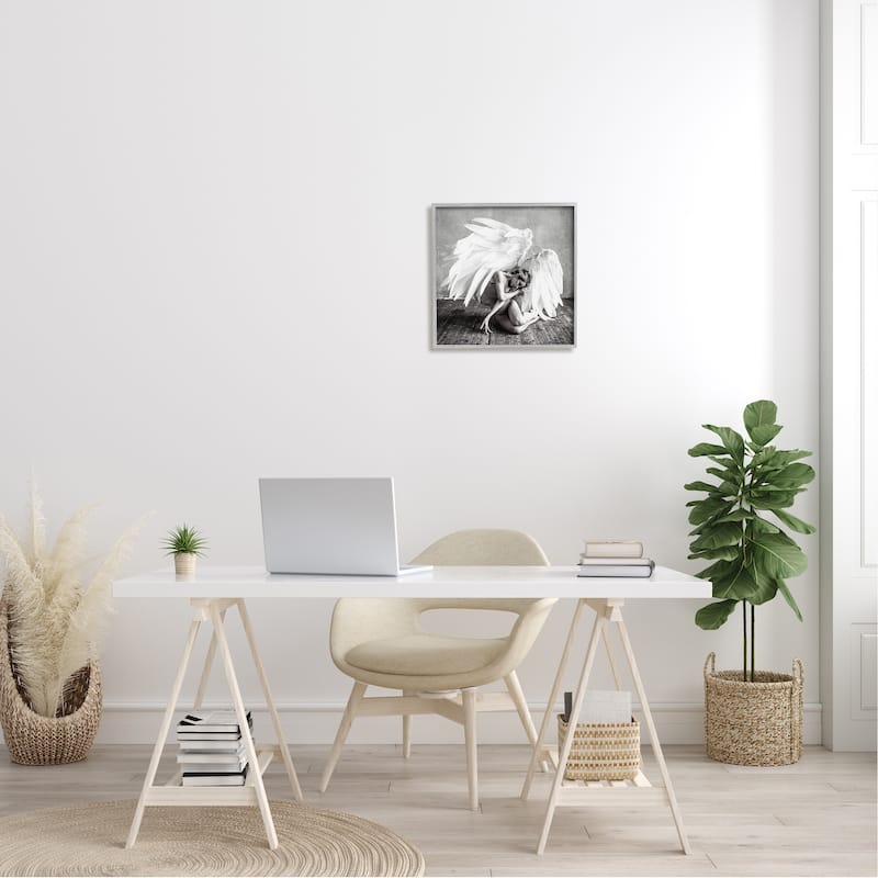 Stupell Magical White Angel Wings Woman Monochrome Photography Framed Wall Art - Grey
