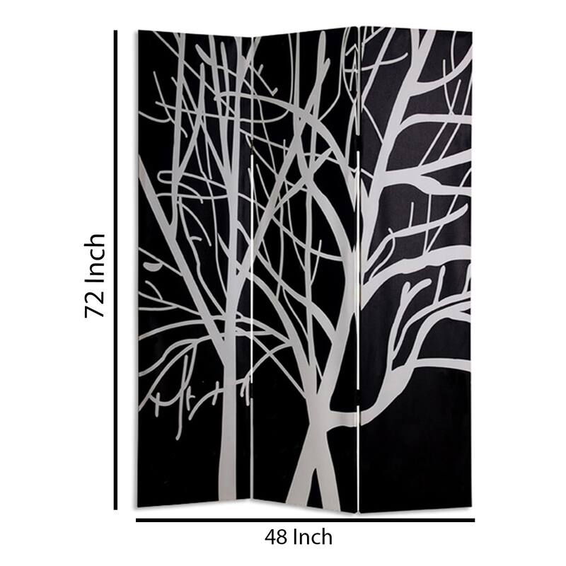 3 Panel Canvas Room Divider with Branch Pattern, Black and White