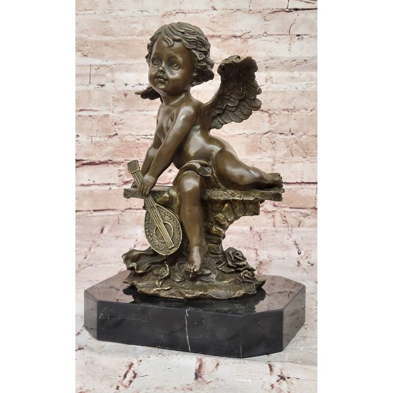 Bronze Cherub Putti Angel Sculpture With Mandolin On Marble Base