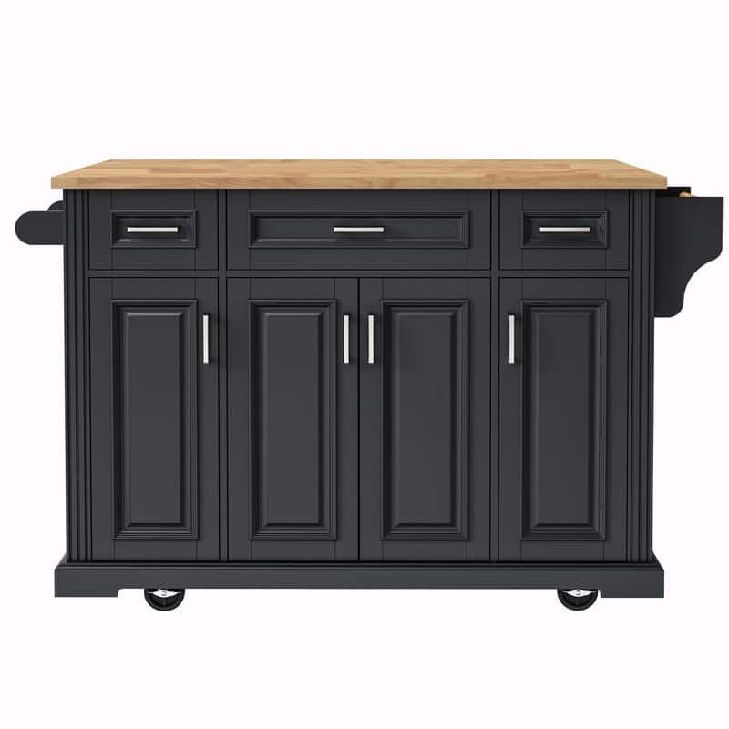54" Rolling Kitchen Island Cart with Rubberwood Drop Leaf, 4 Doors & 3 Drawers