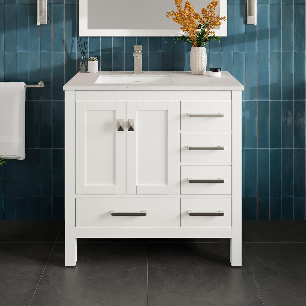 Eviva London 36"W SS Bath Vanity with White Carrara Quartz Top
