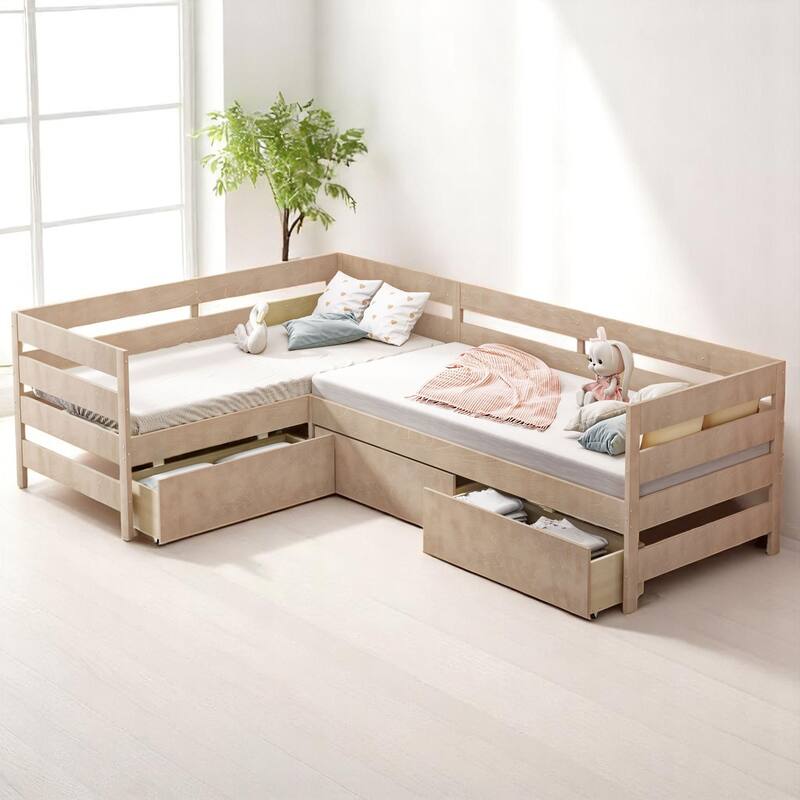 Twin L-Shaped Wooden Platform Bed with Storage Drawers - No Box Spring Needed, Space-Saving Layout - Natural - Twin